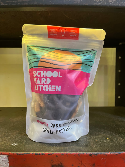 SCHOOLYARD KITCHEN 
Dark Chocolate Chilli Pretzels - Guzzl